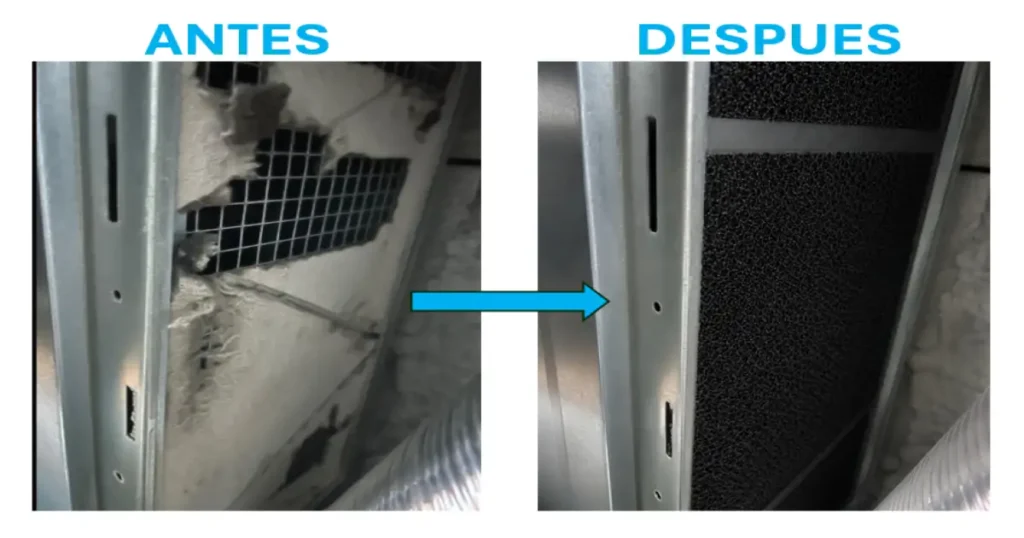 Filtro de climatización sucio y roto antes de sustituirlo por uno nuevo