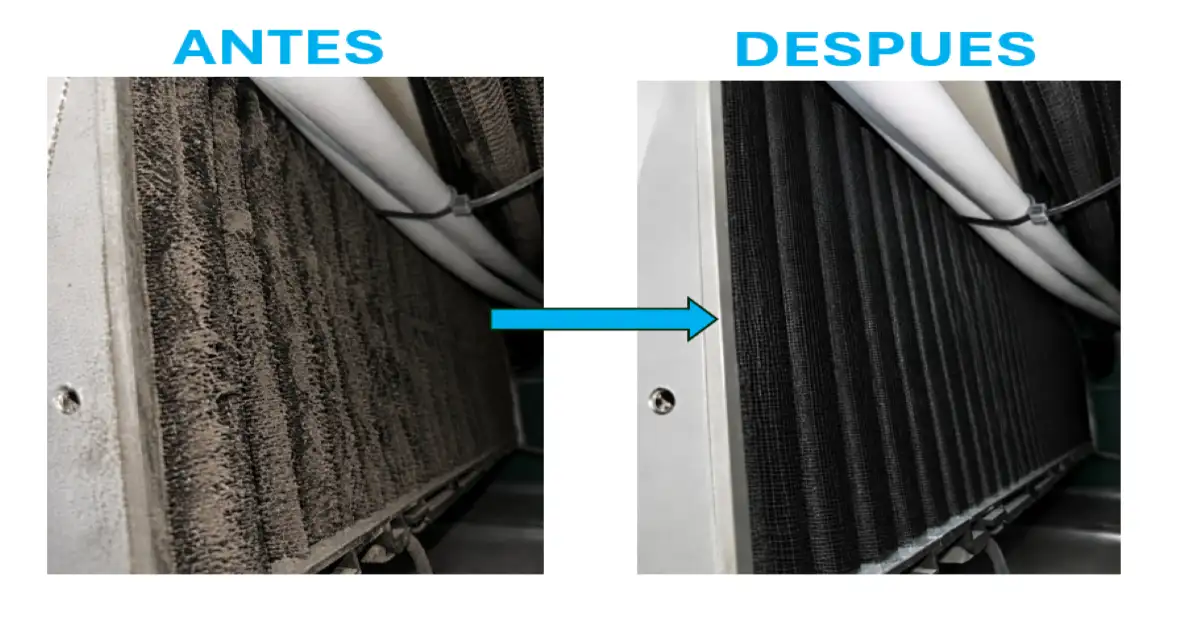 Filtro de aire acondicionado con polvo acumulado antes y después de su limpieza